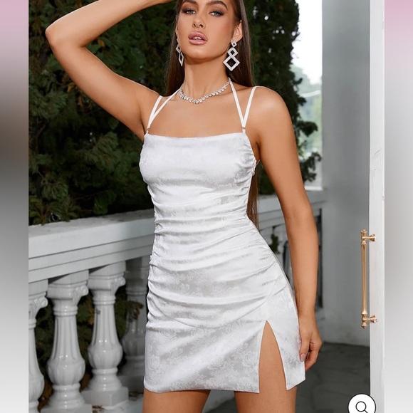 New Floral Jacquard Lace Up Backless Split Hem Satin Cami Dress White Elegant - Picture 1 of 7